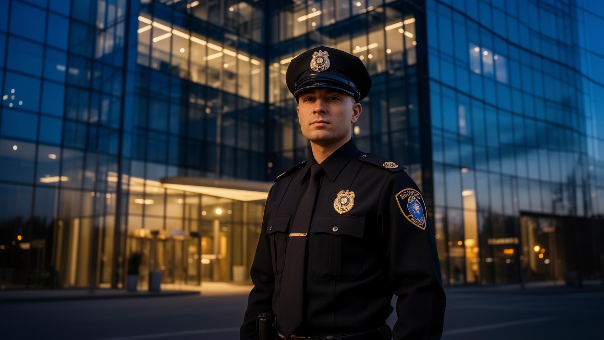 Professional security officer on duty at a corporate building